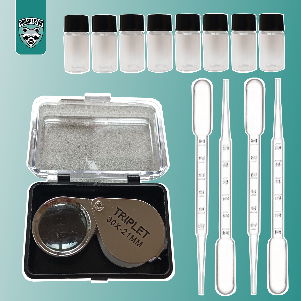 Goldaufbewahrung Set - Lupe 30fach + 8x Sammelgläser + 4x Pipetten