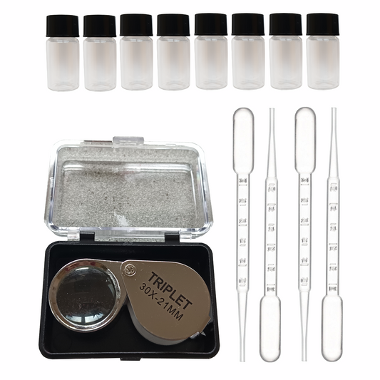 Goldaufbewahrung Set - Lupe 30fach + 8x Sammelgläser + 4x Pipetten